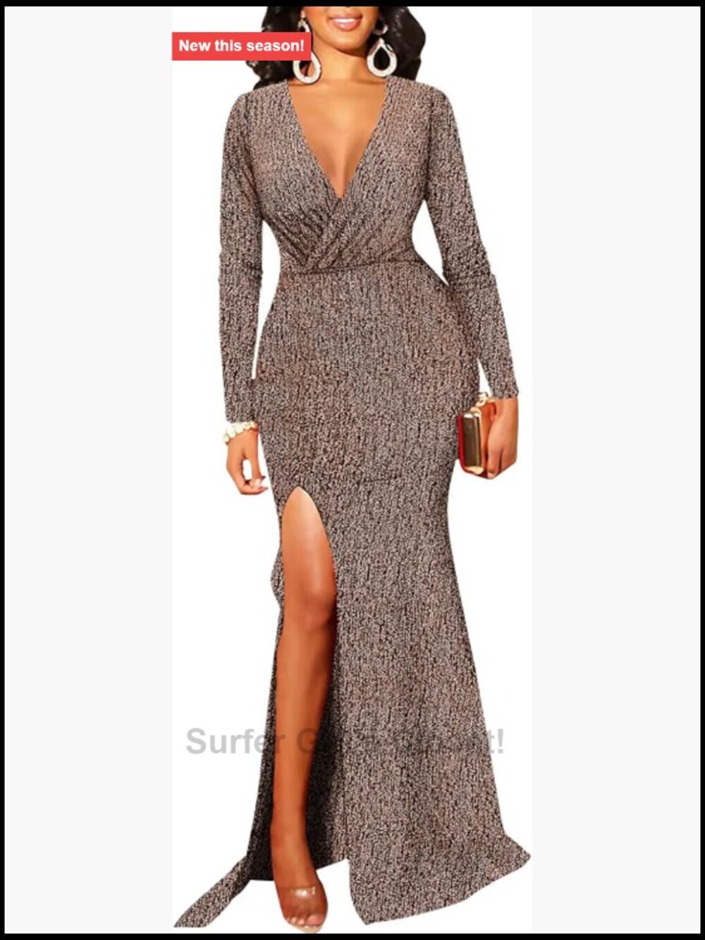 Sparkly Sequin V-Neck Maxi Dress Long Sleeve High Slit Bodycon Formal Party